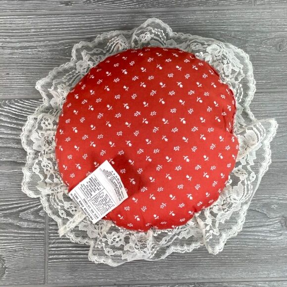Vintage Burnt Red Orange 9" Round Throw Pillow White Floral Pattern Lace Edge - Picture 3 of 10